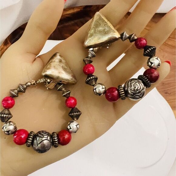 Vintage Large Earrings Silver Tone  Beaded Dangle Ornate Beads Clip On Y2K 4583 - Picture 2 of 8